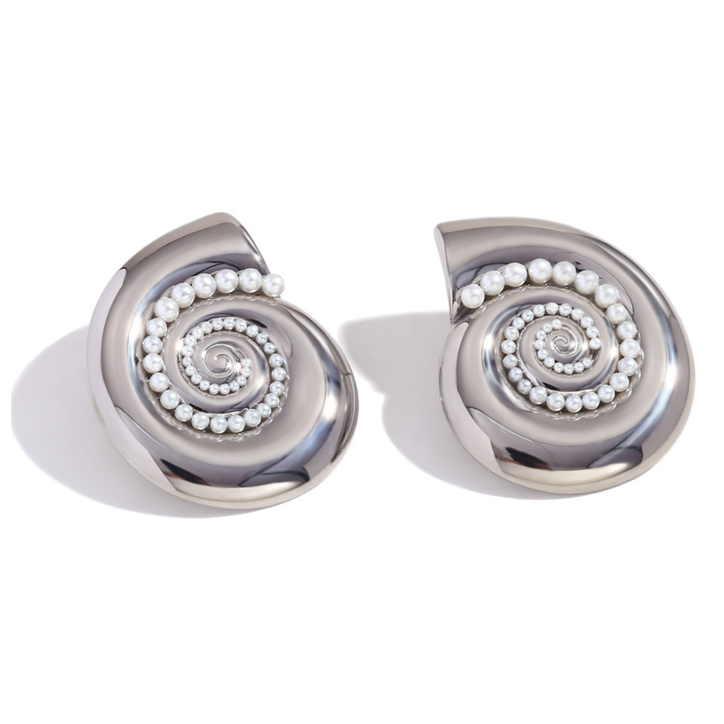 Silver Pearl Nautilus Earrings